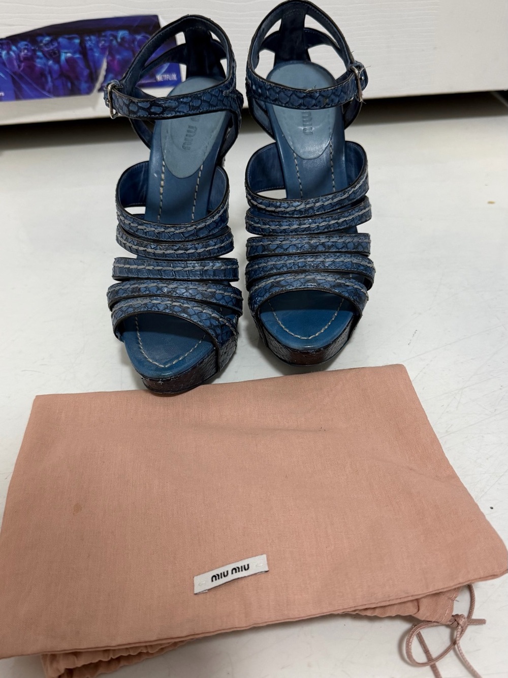 Miu Miu Navy Braided Multi‑Strap Platform Sandals
